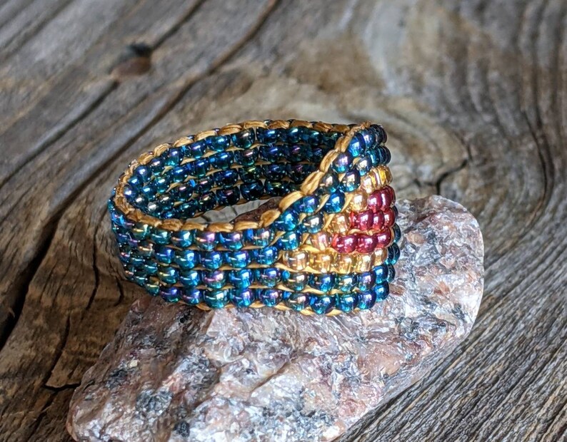 Rainbow Teal Crystal Honey Gold Royal Plum Southwestern Hippie Boho Native Bead Ring Chunky Jewelry Hypoallergenic image 5
