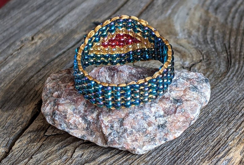 Rainbow Teal Crystal Honey Gold Royal Plum Southwestern Hippie Boho Native Bead Ring Chunky Jewelry Hypoallergenic image 4