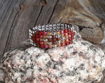 Southwestern Native Earthy Brown Maize Rainbow Beaded Band Ring Handsewn Custom Hypoallergenic