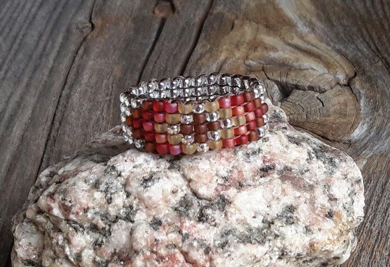 Southwestern Native Earthy Brown Maize Rainbow Beaded Band Ring Handsewn Custom Hypoallergenic image 1