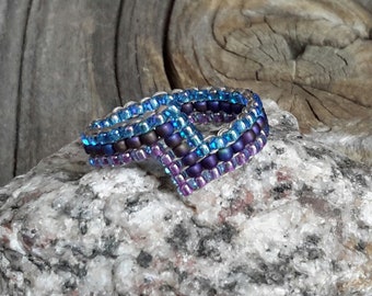 Stormy Heather Blue Purple Zigzag Handsewn Band Bead Ring Hippie Boho Hypoallergenic