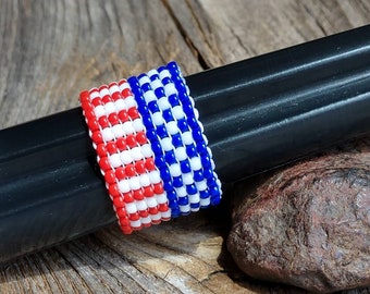 Patriotic Stars Stripes Flag Red White Blue Handsewn Bead Ring Band USA American Chunky Hypoallergenic Unisex Hippie Boho Custom Orders