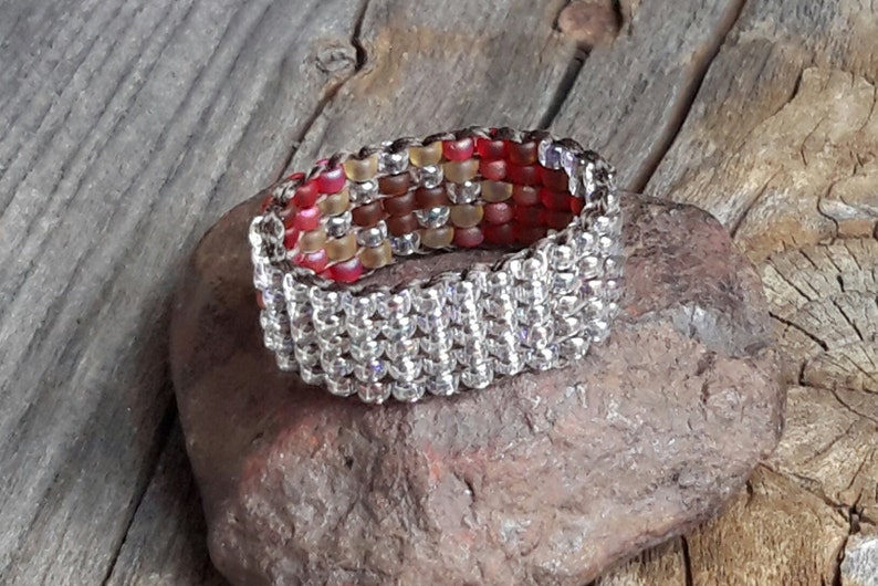 Southwestern Native Earthy Brown Maize Rainbow Beaded Band Ring Handsewn Custom Hypoallergenic image 3