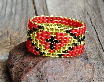 Hypoallergenic Frosted Red Heart Black Cross Chartreuse Bead Band Ring Religious Symbol Stripes Hippie Boho Custom Colors