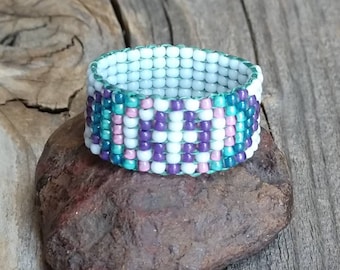 Handsewn Hippie Native American White Purple Aquamarine Green Blue Pink Pastel Rainbow Spring Cross Hypoallergenic Beaded Ring Tribal