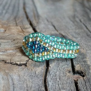 Sea Mist Aquamarine Green Cobalt Blue Crystal Honey Gold Hippie Bead Ring Hypoallergenic Nickel Free Custom Orders afbeelding 4