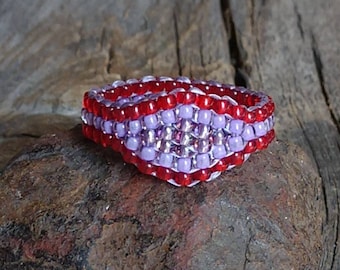 Handsewn Frosted Lavender Heather Mauve Red Southwestern Hippie Love Bead Ring Hypoallergenic Nickel Free Custom Orders