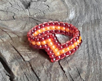 Red Tangerine Autumn Fall Sunset Zigzag Handsewn Bead Ring Hypoallergenic