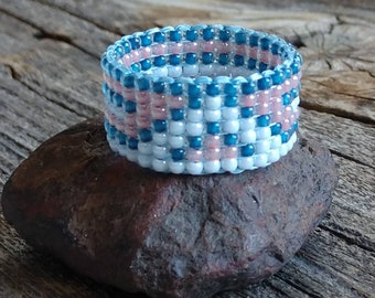 Frosted Denim Blue White Peach Bead Band Ring Aztec Stripes Southwestern Hippie Boho Custom Colors Hypoallergenic