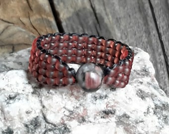 Hypoallergenic Gray Black Pink Fossil Agate Stone Rustic Bead Ring with Pomegranate Hand Stitched Band