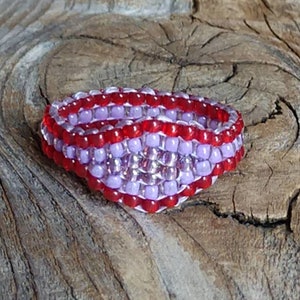 Handsewn Frosted Lavender Heather Mauve Red Southwestern Hippie Love Bead Ring Hypoallergenic Nickel Free Custom Orders image 3