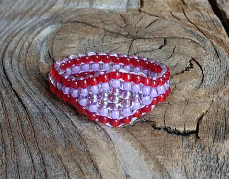 Handsewn Frosted Lavender Heather Mauve Red Southwestern Hippie Love Bead Ring Hypoallergenic Nickel Free Custom Orders image 3