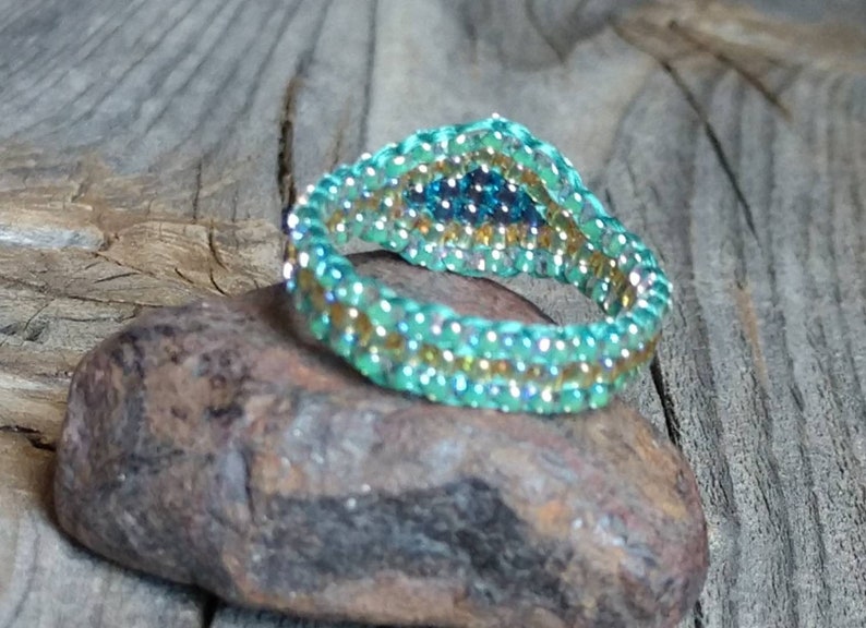 Sea Mist Aquamarine Green Cobalt Blue Crystal Honey Gold Hippie Bead Ring Hypoallergenic Nickel Free Custom Orders afbeelding 5