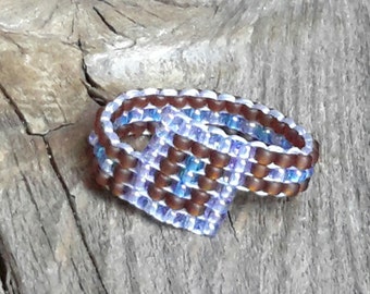 Geometric Sapphire Opal Capri Rootbeer Brown Handsewn Bead Ring Hippie Pinky  Hypoallergenic