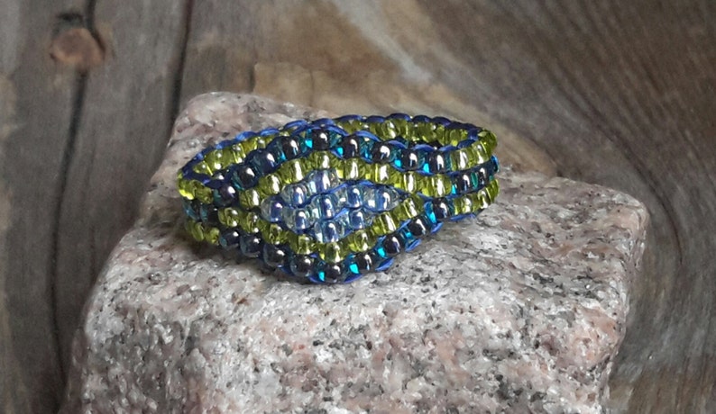 Handmade Cobalt Blue Chartreuse Hippie Minimalist Tribal Boho Bead Band Ring Pinky Nickel Free image 1