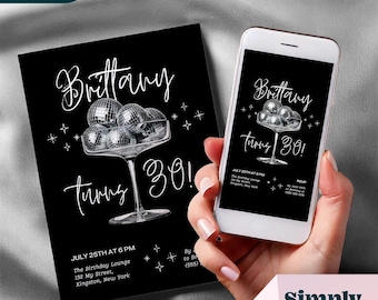 Editable Birthday Party Disco Balls Champagne Glass Black and white Invitation Template