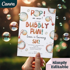 Pop-up over bubbelthema verjaardagsuitnodiging, bewerkbare kinderverjaardagsuitnodiging, digitale sjabloon voor een bruisend feest