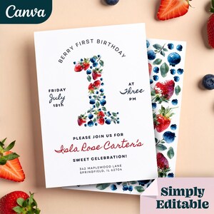 Beere erste Geburtstagseinladung: Aquarell Erdbeere, Blaubeere Canva Canva Template (13 x 18 cm, digitaler Download