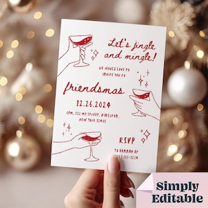 Puede incluir: Una invitaci&oacute;n a una fiesta de Navidad roja y blanca con el texto "Let's jingle and mingle!" y "friendsmas" con una fecha del 12.26.2024. La invitaci&oacute;n incluye una copa de vino tinto con una mano que la sostiene y el texto "RSVP to Hannah at (555) 555-1234".