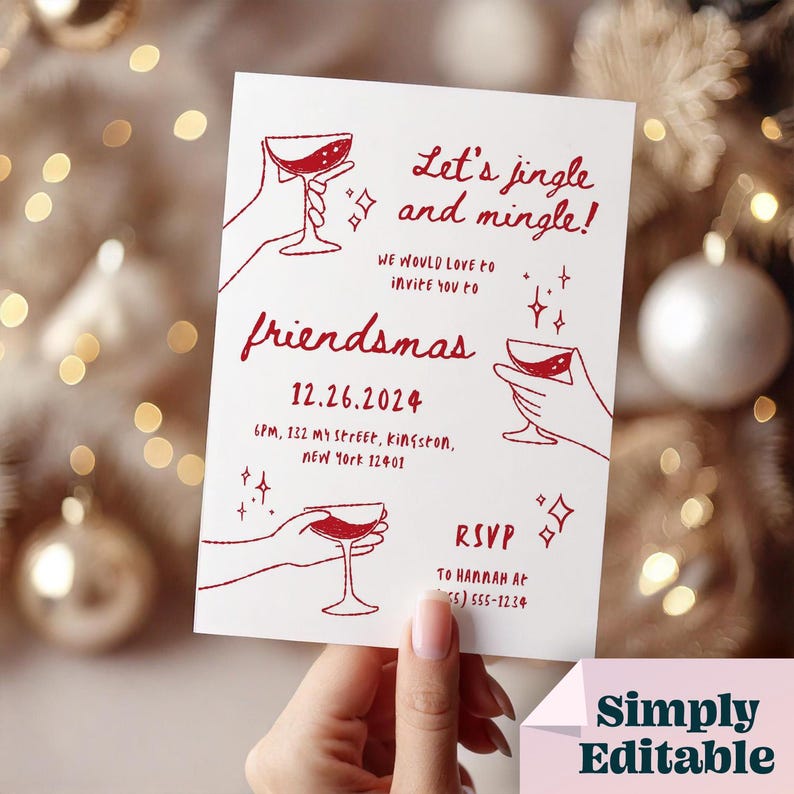 Puede incluir: Una invitaci&oacute;n a una fiesta de Navidad roja y blanca con el texto "Let's jingle and mingle!" y "friendsmas" con una fecha del 12.26.2024. La invitaci&oacute;n incluye una copa de vino tinto con una mano que la sostiene y el texto "RSVP to Hannah at (555) 555-1234".