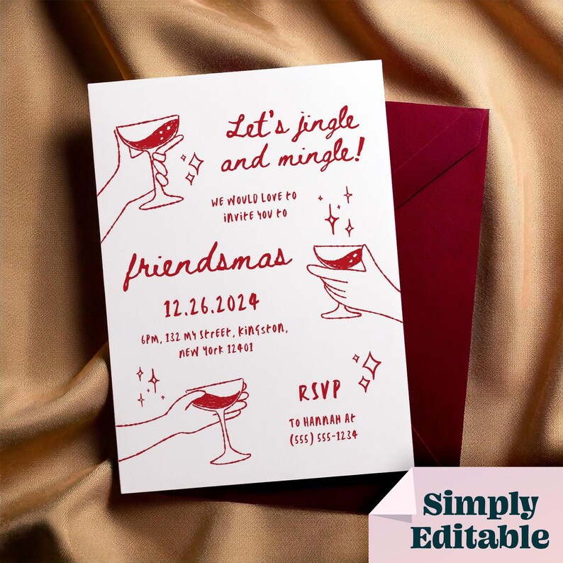 Puede incluir: Una tarjeta blanca con texto rojo e ilustraciones de copas de vino. El texto dice "Let's jingle and mingle!" "We would love to invite you to friendsmas 12.26.2024 6PM, 132 My Street, Kingston, New York 12401 RSVP to Hannah at (555) 555-1234"