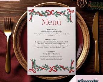 Puede incluir: Un menú navideño con un borde de guirnalda roja y verde. El menú enumera aperitivos, plato principal y postre. El texto dice: "Cranberry-Brie Phyllo Cups", "Herb-Crusted Prime Rib with Garlic Mashed Potatoes & Roasted Brussels Sprouts", y "Gingerbread Tiramisu".