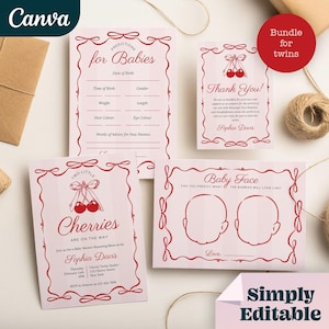 Cherry Theme Baby Shower Bundle, Zwillinge Babyparty, Cherry Shower Bundle, Einladung, Spiele & Danke, Kirsche Thema, bearbeitbare Vorlage