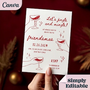 Puede incluir: Una invitaci&oacute;n a una fiesta de Navidad roja y blanca con el texto "Let's jingle and mingle!" y "friendsmas" con una fecha del 12.26.2024. La invitaci&oacute;n incluye la hora y la direcci&oacute;n de la fiesta y un contacto para RSVP.