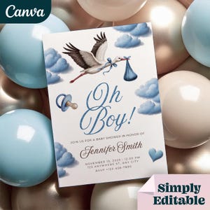 Vintage Storch Baby Shower Einladung Vorlage (Canva)