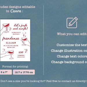 Puede incluir: Plantilla de invitaci&oacute;n a una fiesta de Navidad editable en Canva. El dise&ntilde;o presenta una ilustraci&oacute;n roja y blanca de copas de vino con el texto "Let's jingle and mingle!" y "friendsmas" con la fecha del 12.26.2024. La invitaci&oacute;n est&aacute; disponible en dos tama&ntilde;os: 5 x 7 pulgadas y 12,7 x 17,78 cm.