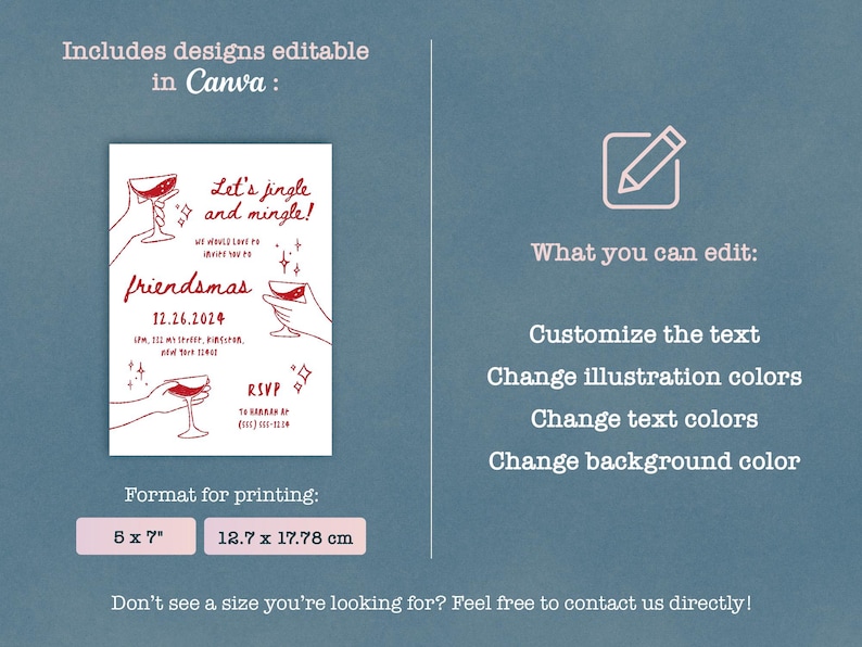 Puede incluir: Plantilla de invitaci&oacute;n a una fiesta de Navidad editable en Canva. El dise&ntilde;o presenta una ilustraci&oacute;n roja y blanca de copas de vino con el texto "Let's jingle and mingle!" y "friendsmas" con la fecha del 12.26.2024. La invitaci&oacute;n est&aacute; disponible en dos tama&ntilde;os: 5 x 7 pulgadas y 12,7 x 17,78 cm.