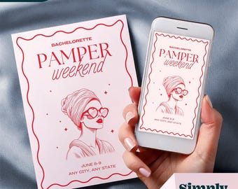 Puede incluir: Una invitación rosa y roja para una despedida de soltera y un teléfono inteligente que muestra el mismo diseño. El diseño presenta el texto "BACHELORETTE PAMPER weekend" y una ilustración de una mujer con gafas en forma de corazón.