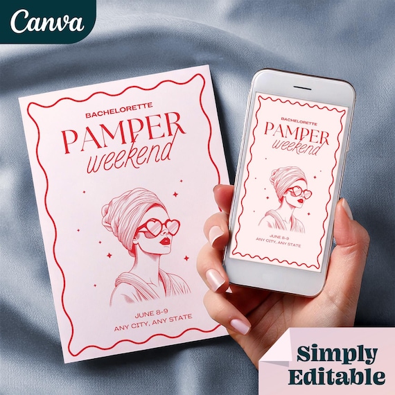 Bachelorette Pamper Weekend Spa Theme Printble Invitation template, Wellness Hen party canva template