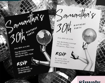 Editable Birthday Party Disco Ball Black and white Invitation Template