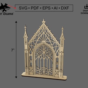May include: A 7-inch tall wooden cutout of a gothic archway with intricate details. The archway is made of laser-cut wood and has a delicate, intricate design. The archway is perfect for adding a touch of gothic style to any home decor.