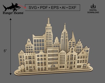 May include: A wooden cityscape silhouette with 5" height, featuring a variety of buildings with intricate details. The design is perfect for laser cutting and creating a decorative piece for your home.