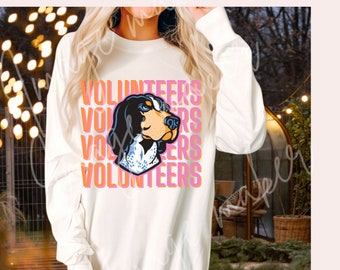 May include: White long-sleeved shirt with a pink and orange graphic of a bluetick hound dog and the text "VOLUNTEERS" repeated four times.