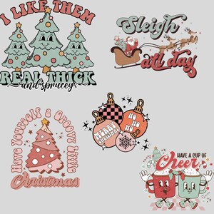 May include: A selection of retro Christmas graphics. Features text including "I like them real thick and sprucey", Santa in a sleigh, Christmas baubles, a Christmas tree, and mugs with the text "Have a cup of cheer".