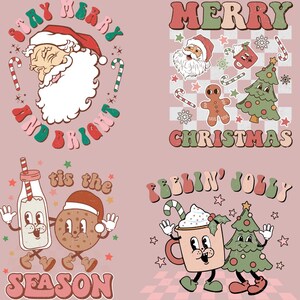 May include: Four retro Christmas designs on a pink background. The designs include Santa Claus, candy canes, gingerbread men, Christmas trees, and the phrases "Stay Merry and Bright", "Merry Christmas", "Tis the Season", and "Feelin' Jolly".
