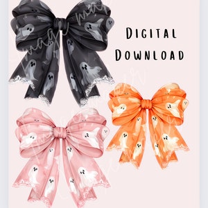 May include: Three watercolor bows with a ghost pattern. The bows are black, orange, and pink.  The bows have white lace trim.  DIGITAL DOWNLOAD.