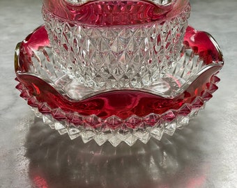 Vintage Indiana Glass Company Kings Crown Ruby Red Flash 5 1/2"  Diameter Fluted Edge Sauce Set.