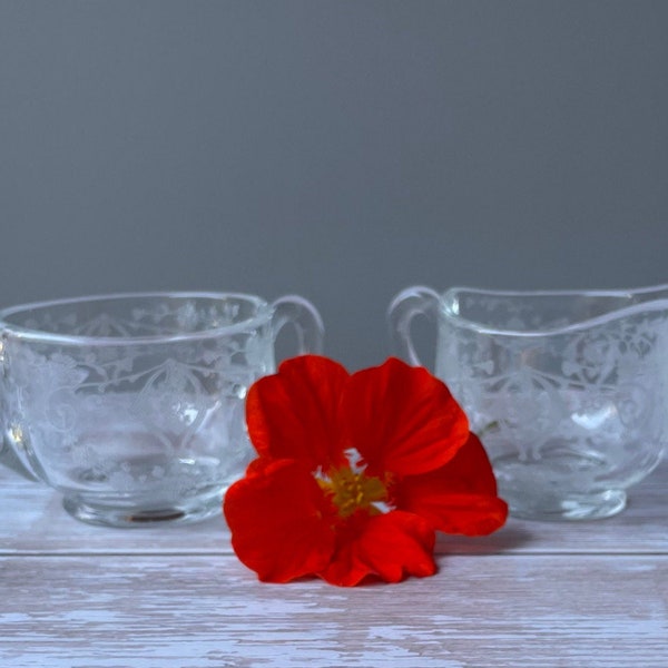 Cambridge Glass Company's 'Diane' Pattern Etched Personal Sized Creamer & Sugar Set