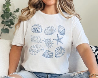 Maglietta Beachy Sea Shell, maglietta Summer Vibes Shell, maglietta da surf Ocean Lover Seashells, abbigliamento da spiaggia vintage