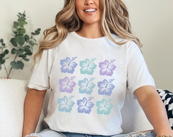 Camisa de playa hawaiana de moda, Camiseta de flor de hibisco, Bonita camisa de chica de coco de verano, Regalo para ella