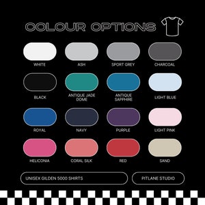 May include: Colour options for Gildan 5000 unisex t-shirts. The colours include white, ash, sport grey, charcoal, black, antique jade dome, antique sapphire, light blue, royal, navy, purple, light pink, heliconia, coral silk, red, and sand.