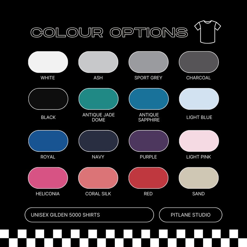 May include: Colour options for Gildan 5000 unisex t-shirts. The colours include white, ash, sport grey, charcoal, black, antique jade dome, antique sapphire, light blue, royal, navy, purple, light pink, heliconia, coral silk, red, and sand.