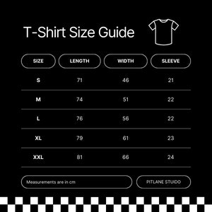 May include: T-shirt size guide with measurements in centimetres for sizes S, M, L, XL, and XXL. The guide includes length, width, and sleeve measurements.
