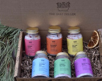 Botanical Bath Salts Gift Box | Six Glass Jars with Essential Oils | Handmade from Natural Ingredients |