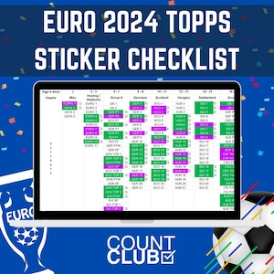 A laptop with an excel spreadsheet checklist of the sticks within the Topps 2024 Euro Sticker Album, surrounded by confetti and a football. A logo mark is at the centre middle for Count Club.