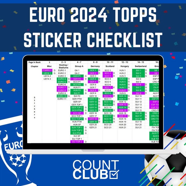 EM 2024 Topps-Aufkleber, digitaler Checklisten-Tracker, Fußball, erstellt von einem Sammler für Sammler. Sofortiger Download von Excel und Google Sheets